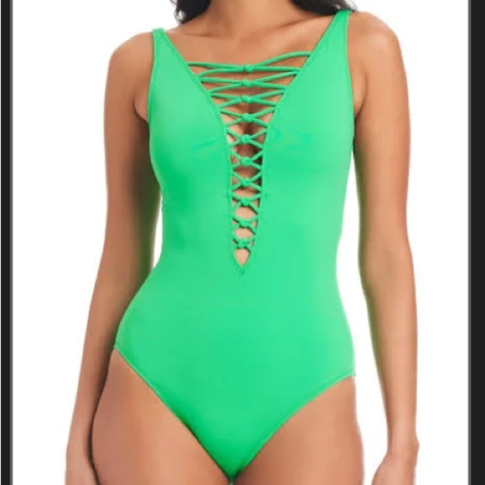 Bleu Rod Beattie Get Knotty Lace Down Green One Piece Swimsuit